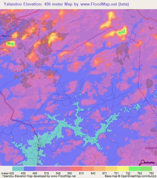 Yalandou,Guinea Elevation Map