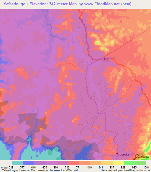 Yafaedougou,Guinea Elevation Map