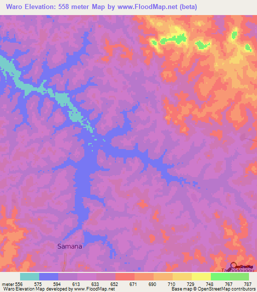 Waro,Guinea Elevation Map