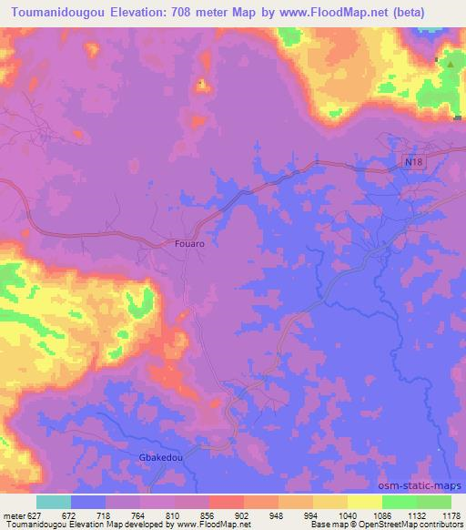 Toumanidougou,Guinea Elevation Map