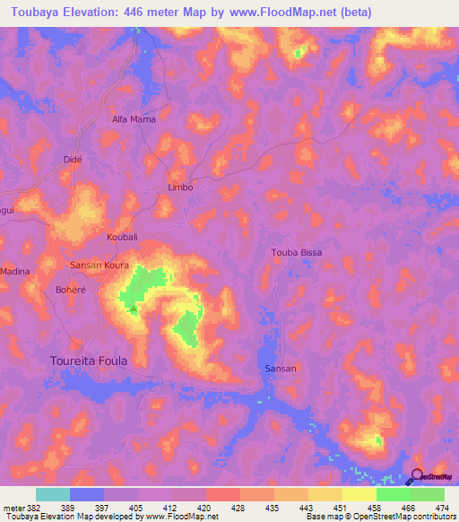 Toubaya,Guinea Elevation Map