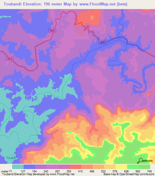 Toubandi,Guinea Elevation Map