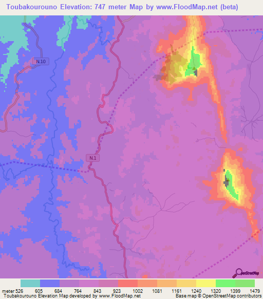 Toubakourouno,Guinea Elevation Map