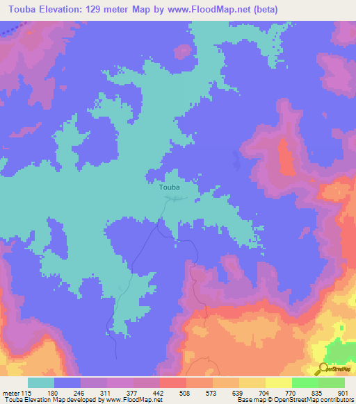 Touba,Guinea Elevation Map