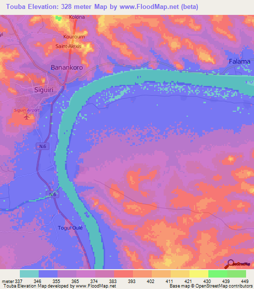 Touba,Guinea Elevation Map