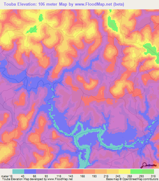 Touba,Guinea Elevation Map