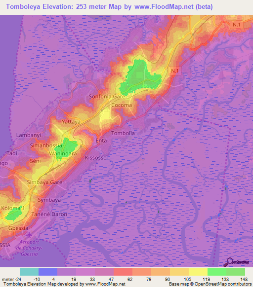 Tomboleya,Guinea Elevation Map