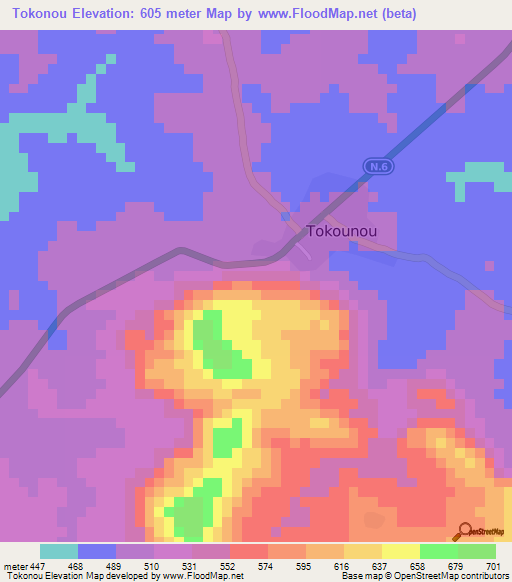 Tokonou,Guinea Elevation Map