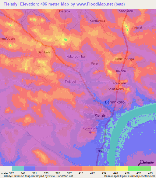Tleladyi,Guinea Elevation Map