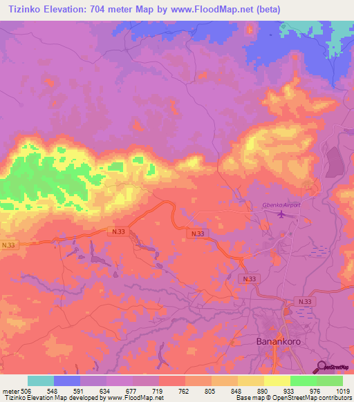 Tizinko,Guinea Elevation Map