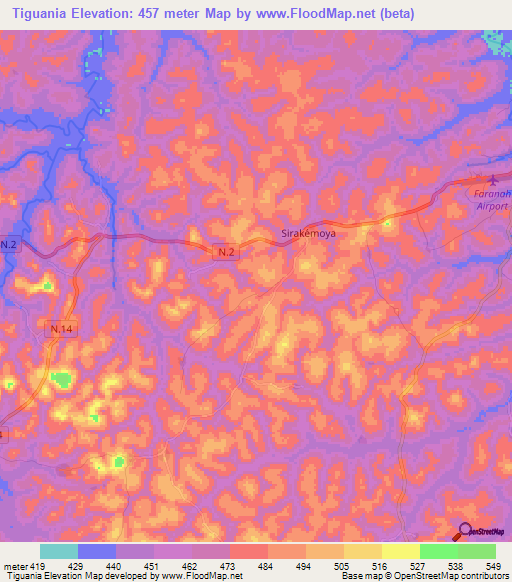 Tiguania,Guinea Elevation Map