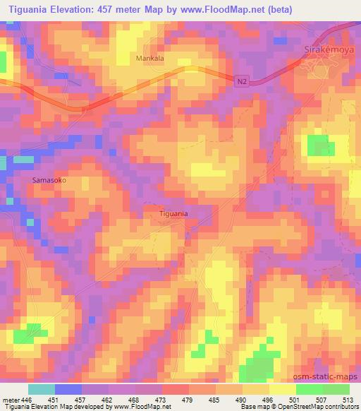 Tiguania,Guinea Elevation Map