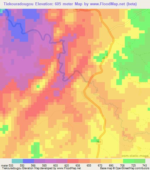 Tiekouradougou,Guinea Elevation Map