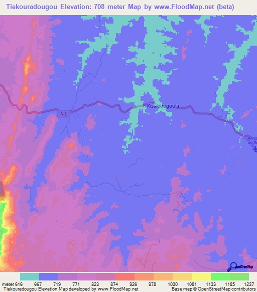 Tiekouradougou,Guinea Elevation Map