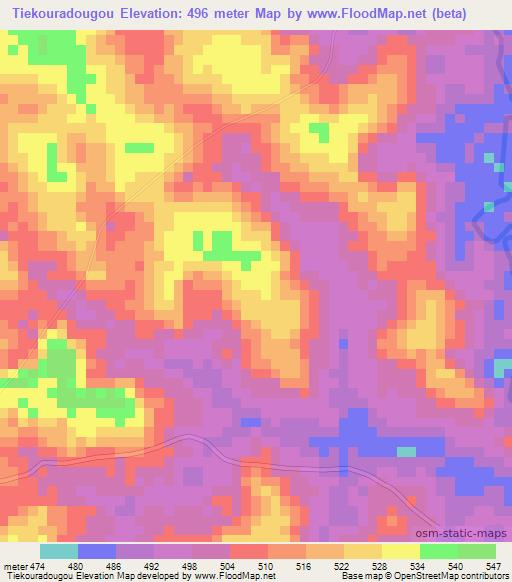 Tiekouradougou,Guinea Elevation Map