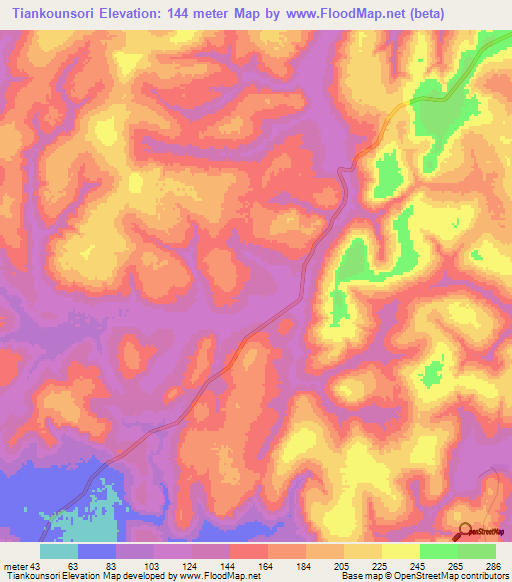 Tiankounsori,Guinea Elevation Map