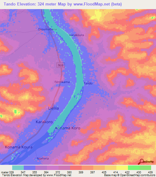 Tando,Guinea Elevation Map