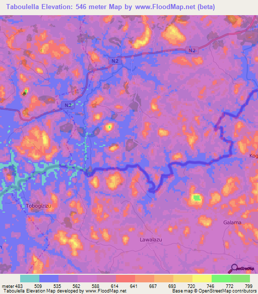 Taboulella,Guinea Elevation Map