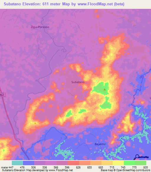 Subatano,Guinea Elevation Map