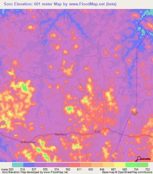 Soro,Guinea Elevation Map