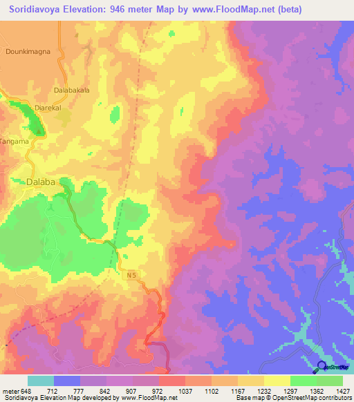 Soridiavoya,Guinea Elevation Map