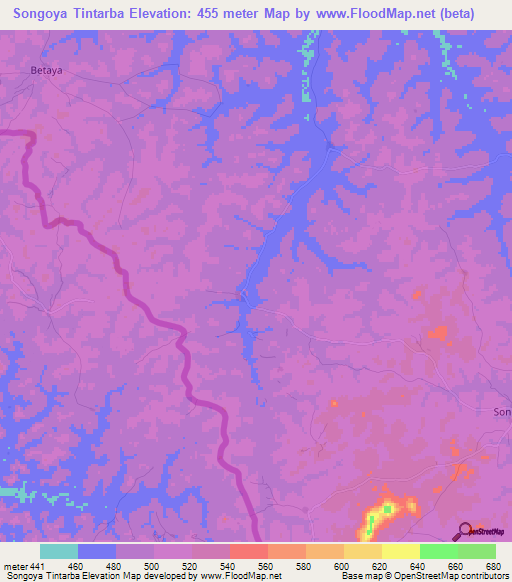 Songoya Tintarba,Guinea Elevation Map