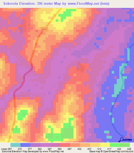 Sokorola,Guinea Elevation Map