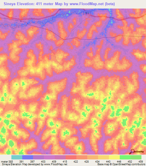 Sineya,Guinea Elevation Map