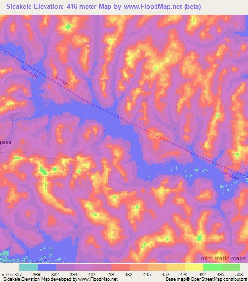 Sidakele,Guinea Elevation Map