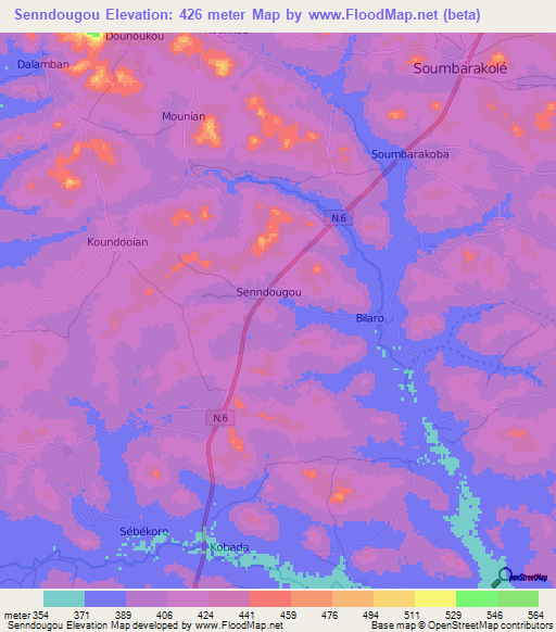 Senndougou,Guinea Elevation Map