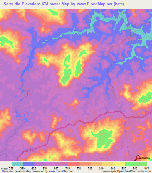 Saroudia,Guinea Elevation Map