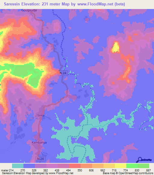 Saressin,Guinea Elevation Map