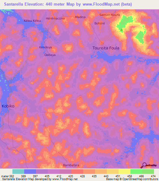 Santarella,Guinea Elevation Map