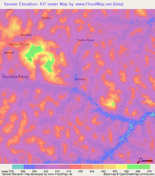 Sansan,Guinea Elevation Map