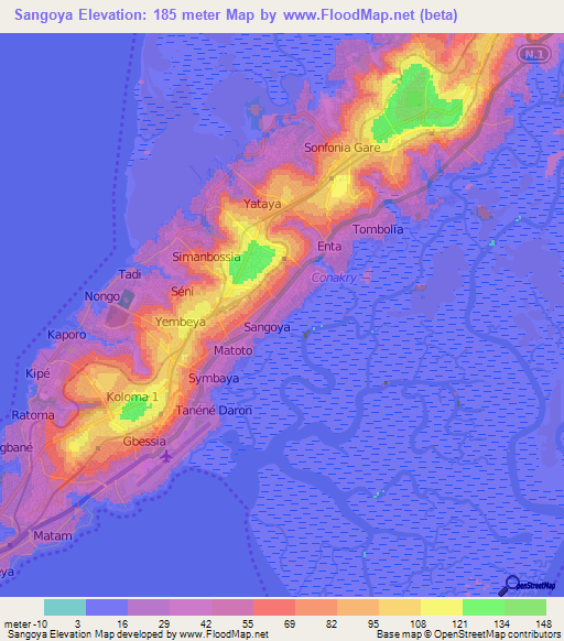 Sangoya,Guinea Elevation Map