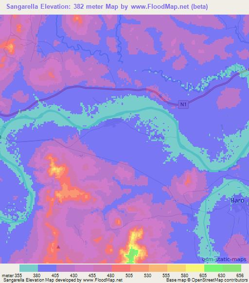 Sangarella,Guinea Elevation Map