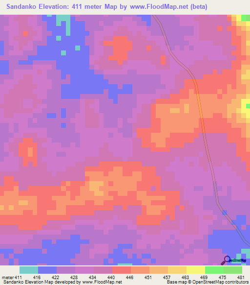 Sandanko,Guinea Elevation Map