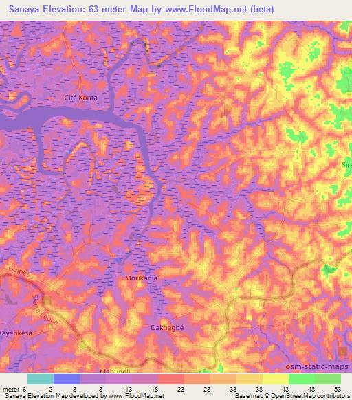 Sanaya,Guinea Elevation Map