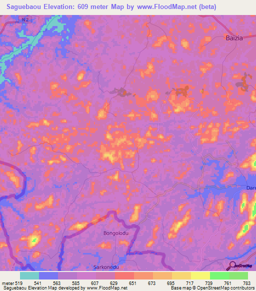 Saguebaou,Guinea Elevation Map