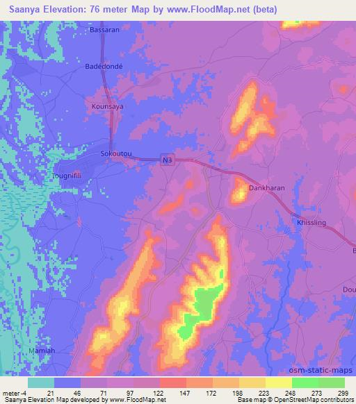 Saanya,Guinea Elevation Map