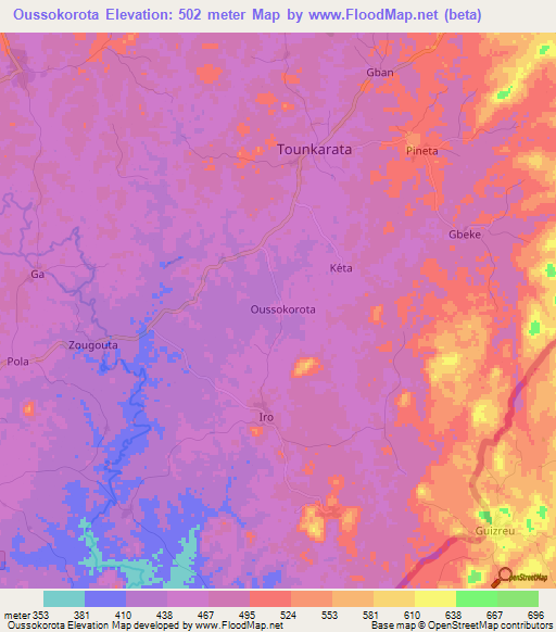 Oussokorota,Guinea Elevation Map
