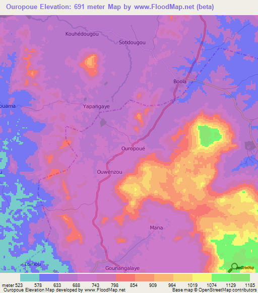 Ouropoue,Guinea Elevation Map