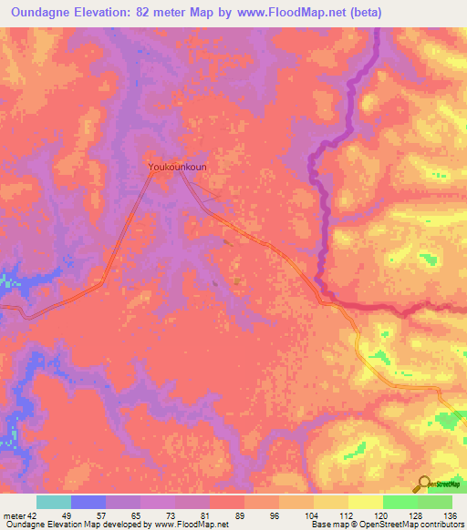 Oundagne,Guinea Elevation Map