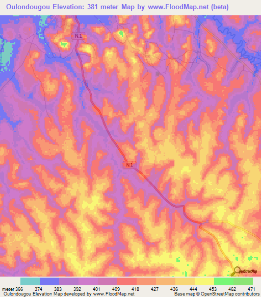 Oulondougou,Guinea Elevation Map