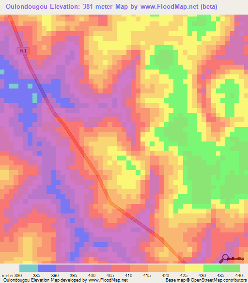 Oulondougou,Guinea Elevation Map