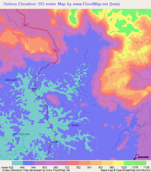 Ouleou,Guinea Elevation Map