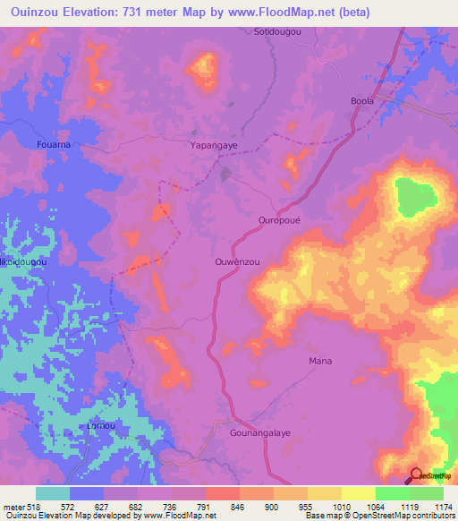 Ouinzou,Guinea Elevation Map