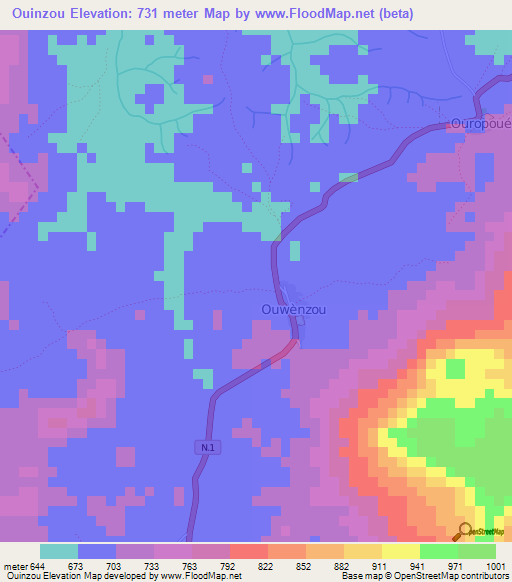 Ouinzou,Guinea Elevation Map