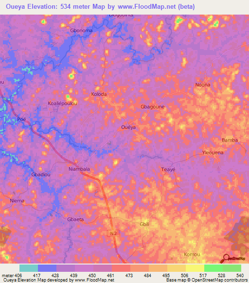 Oueya,Guinea Elevation Map