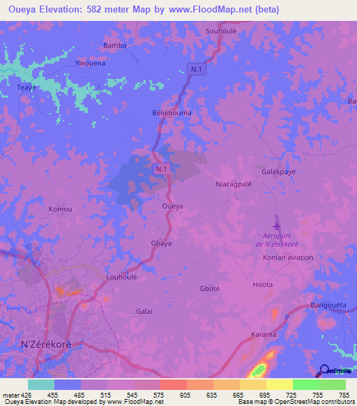 Oueya,Guinea Elevation Map